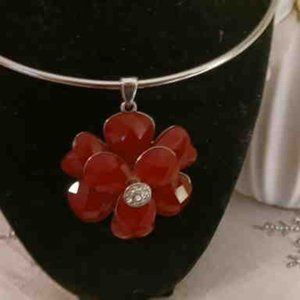 Silver Necklace with a Red Flower and Rhinestone Pendant